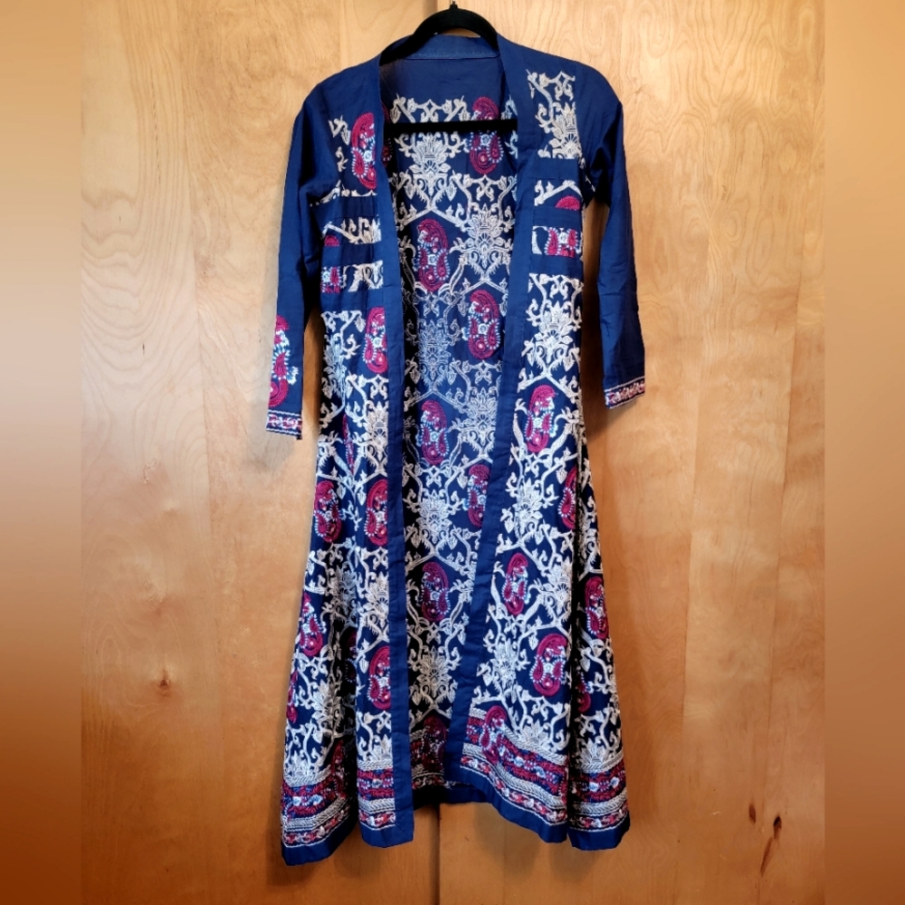 Blue Embroidered Long Open Front Jacket